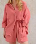 Long Sleeve Shirts And Shorts Set Summer Cotton Two Piece Set Women 2023 Solid Color Loose Casual Suit Elegant Outfits 2