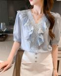  Summer Short Sleeve Women Tops  New V Neck Ruffle Lace Stitching Allmatch Loose Shirt Elegant Pleated Blouse 13809  Wom
