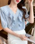  Summer Short Sleeve Women Tops  New V Neck Ruffle Lace Stitching Allmatch Loose Shirt Elegant Pleated Blouse 13809  Wom