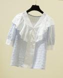 Elegant 4xl Summer Lace Blouse Women New Short Sleeve Ruffle Patchword V Neck Loose Shirt  Sweet Fashion Women Tops 1421
