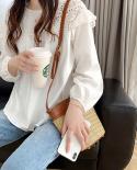  Spring Womens Tops Gentle O Neck Chic Hollow Lace Stitching Blouse Women Loose Pleated Puff Long Sleeve White Shirt 136