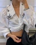  Embroidered Short Blouse Women  Cross Crop Top Women Chic Turndown Collar Lantern Sleeve Slim Womens Shirt 16955  Wome
