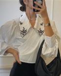  Embroidered Short Blouse Women  Cross Crop Top Women Chic Turndown Collar Lantern Sleeve Slim Womens Shirt 16955  Wome