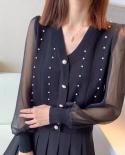 Women Mesh Stitching Knitted Blouse 2022 Spring Fashion Vneck Pearl Long Sleeve Knitwear Shirts Loose Elegant Beading To