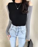 Womens Bottoming Tshirt Autumn  Offshoulder Tshirt Long Sleeve Color Patchwork Tops  Slim Cotton Tees Blouse 15804  Tsh