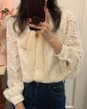 Spring Elegant Bow Tie Sweet Lace Blouse Women Long Sleeve Loose Lady Tops Laceup 2022 Hollow Out Blusas Mujer Blouse 23