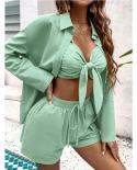 Fashion Summer Shirts Women  Strapless Bow Top And Shorts 3 Piece Suit Outfits Drawstring Casual Loose Three Piece Set 2