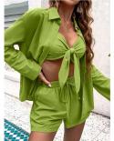 Fashion Summer Shirts Women  Strapless Bow Top And Shorts 3 Piece Suit Outfits Drawstring Casual Loose Three Piece Set 2
