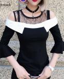 Women Lace Stitching O Neck Tops  Slim Fit Pullover T Shirts Three Quarter Flare Sleeve Off Shoulder Blouses Blusas 1143