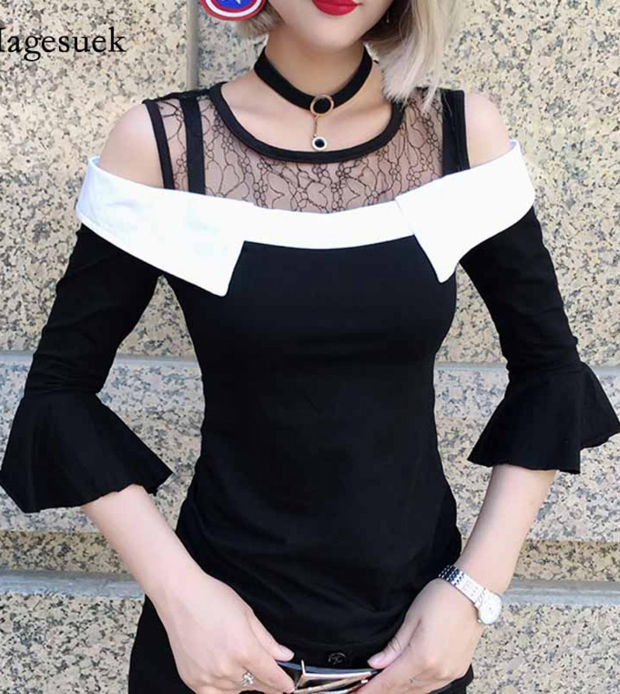 Women Lace Stitching O Neck Tops  Slim Fit Pullover T Shirts Three Quarter Flare Sleeve Off Shoulder Blouses Blusas 1143