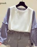  Spring And Autumn New Loose  O Neck Tops Striped Shirt Stitching Tshirt Womens Long Lantern Sleeves Blouses 11941  Blo