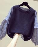  Spring And Autumn New Loose  O Neck Tops Striped Shirt Stitching Tshirt Womens Long Lantern Sleeves Blouses 11941  Blo