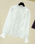  Autumn  Style Solid White Pullover Spliced Shirt Long Flare Sleeve Lotus Leaf Collar Women Blouse Blusas Mujer 11166  B