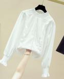  Autumn  Style Solid White Pullover Spliced Shirt Long Flare Sleeve Lotus Leaf Collar Women Blouse Blusas Mujer 11166  B
