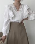  Spring Ruffled Lace Blouse Women Fashion V Neck Long Sleeve Slim Vintage Shirt Ladies Chic Crochet Lace Solid Tops 1357