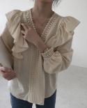  Spring Ruffled Lace Blouse Women Fashion V Neck Long Sleeve Slim Vintage Shirt Ladies Chic Crochet Lace Solid Tops 1357