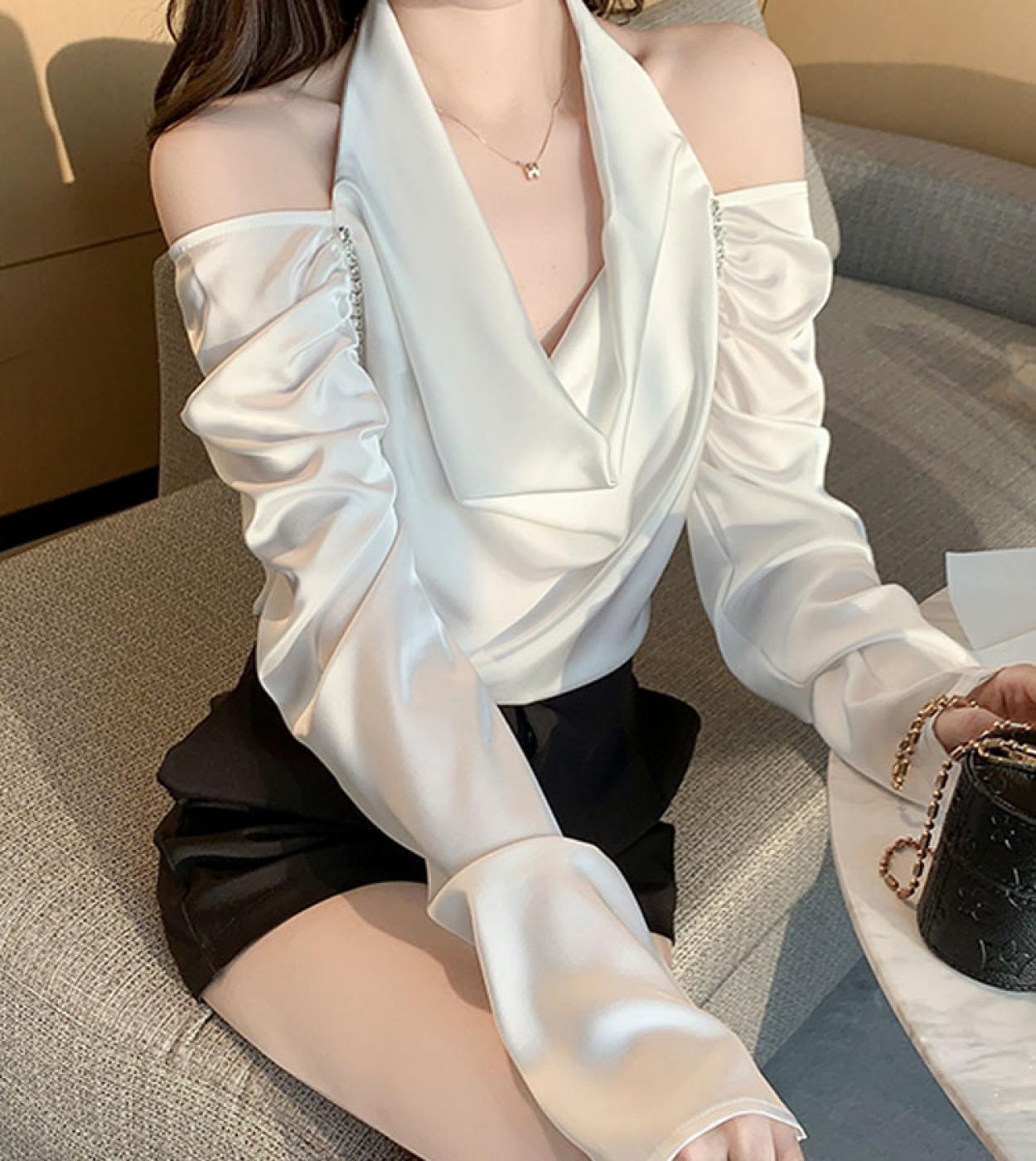 US 34.66 Off Shoulder Women Blouse 2022 New Autumn French Halter Neck Elegant Long Sleeve Shirt Office Lady Solid Tops Clothes 2 Description