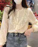 2022 Sweet Ruffle Patchwork Lace Blouse Stand Collar Women Long Sleeve Tops Spring Apricot Loose Button Up Ladies Shirts