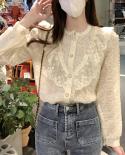 2022 Sweet Ruffle Patchwork Lace Blouse Stand Collar Women Long Sleeve Tops Spring Apricot Loose Button Up Ladies Shirts