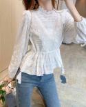 Sweet Stand Collar Lace Blouse Women Drawstring Slim Long Sleeve Loose Womens Shirt Autumn Ruffle Lace Flower Tops Blus