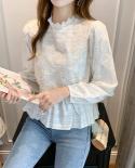 Sweet Stand Collar Lace Blouse Women Drawstring Slim Long Sleeve Loose Womens Shirt Autumn Ruffle Lace Flower Tops Blus