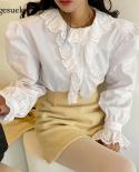 Spring Vintage Loose Blouse For Women Ruffled Hollow Lace Splicing Oversized Ladies White Shirts Petal Sleeve Casual Top