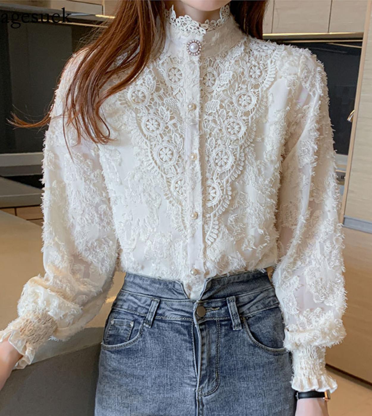  Autumn Elegant Blouse With Lace New Stand Collar Hollow Out Flower Chiffon Shirt Beaded Long Sleeve Women Top Blusas 16