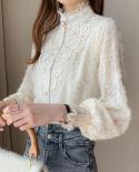  Autumn Elegant Blouse With Lace New Stand Collar Hollow Out Flower Chiffon Shirt Beaded Long Sleeve Women Top Blusas 16