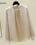  Autumn Satin Solid Folds Chic Button Oneck Clothing Elegant Tops Silk Chiffon Blouse Female Bottoming Shirt Blusas 1191