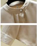  Autumn Satin Solid Folds Chic Button Oneck Clothing Elegant Tops Silk Chiffon Blouse Female Bottoming Shirt Blusas 1191