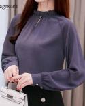 Elegant Stand Collar  Spring Long Sleeve Fashion Woman Blouse Office Female Women Hollow Out Shirts Blusas Femininas 185