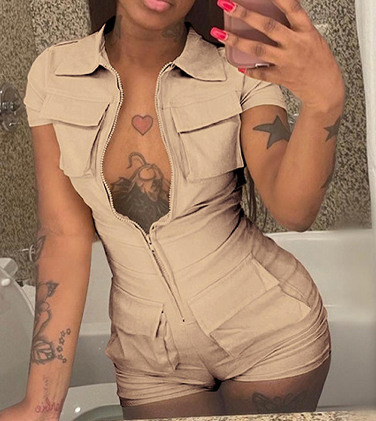 Short Sleeve Bodysuits Casual Summer Zipper Cargo Jumpsuit Women Pockets Fashion Mujer Shorts Playsuit Rompers Women Clo