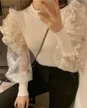 Vintage Women Knitted Slim Oneck Long Sleeve Tshirts Pullover Sweet Tops Chic Lace Puff Sleeve Stitching Autumn Blouse 1