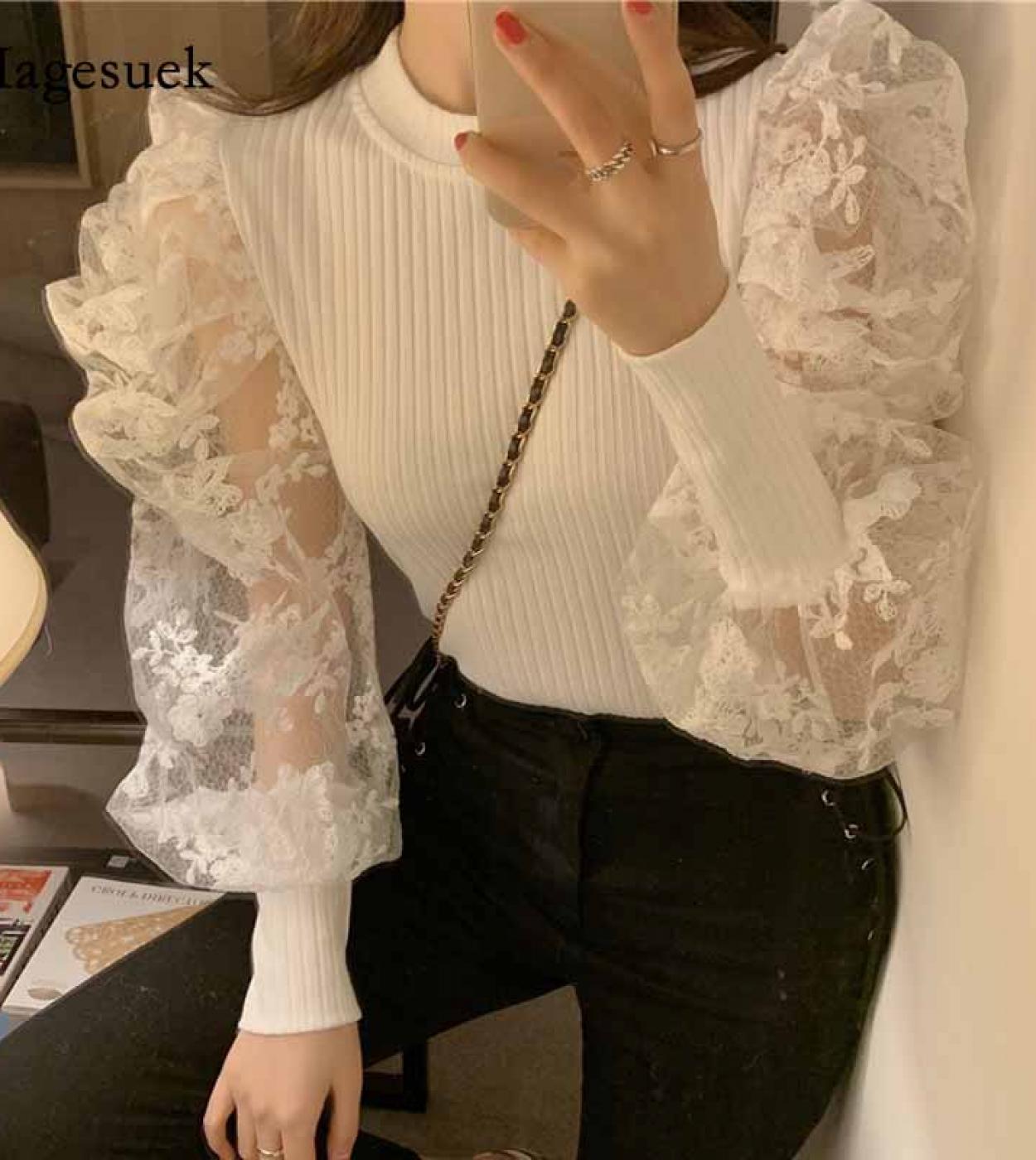 Vintage Women Knitted Slim Oneck Long Sleeve Tshirts Pullover Sweet Tops Chic Lace Puff Sleeve Stitching Autumn Blouse 1