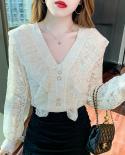 Spring Women Lace Blouse 2022 French Vneck Elegant Ladies Shirts Ruffles Woman Hollow Flower Blouse Long Lace Sleeves To