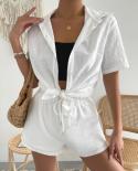 Summer Cotton Linen Shirt And Wide Leg Shorts Two Piece Set Short Sleeve Drawstring Loose Outfit Casual Loose 2 Piece Su