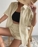 Summer Cotton Linen Shirt And Wide Leg Shorts Two Piece Set Short Sleeve Drawstring Loose Outfit Casual Loose 2 Piece Su