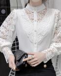 New  Lace Stitching Shirt Spring Chic Hollow Flower Buttons Ladies Top Sweet Stand Collar Long Sleeve Blouse Women 12948