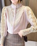 New  Lace Stitching Shirt Spring Chic Hollow Flower Buttons Ladies Top Sweet Stand Collar Long Sleeve Blouse Women 12948