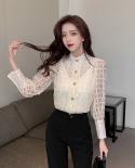  Spring Mesh Bottom Blouse Women  Stand Collar Long Sleeve French Lace Shirt Ladies Autumn Sweet Chic Button Top 12957  