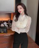  Spring Mesh Bottom Blouse Women  Stand Collar Long Sleeve French Lace Shirt Ladies Autumn Sweet Chic Button Top 12957  