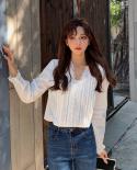 New Loose Ruffled Lace Blouse Women Spring Vneck Pleated Design White Shirt Womens Shirt Long Sleeve Cotton Top Female 