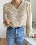  Double Layer Doll Collar Blouse Women Spring Lace Crochet Flared Long Sleeve Top Women Apricot Shirt Blusas Mujer 14402