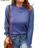 Vintage Lace Stitching Blouse 2022 Autumn Round Neck Waffle T Shirt Women Long Lace Sleeve Hollow Elegant Tee Shirts Top