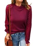 Vintage Lace Stitching Blouse 2022 Autumn Round Neck Waffle T Shirt Women Long Lace Sleeve Hollow Elegant Tee Shirts Top