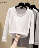  Autumn  Slim Office Lady Blouse Vneck Shirt Women Cotton Long Sleeve Tshirt Women Solid Pullover Shirt Blusas 10476  Ts