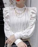 Women Three Dimensional Slim All Match Solid Puff Sleeve Pullover Tops Autumn French Elegant Pleated Stand Collar Blouse