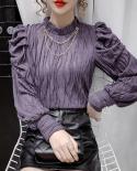 Women Three Dimensional Slim All Match Solid Puff Sleeve Pullover Tops Autumn French Elegant Pleated Stand Collar Blouse