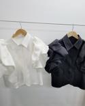 Elegant Pleated Turndown Collar Blouse Women Summer Bubble Sleeve White Shirt Tops  Female Fashion Clothing Blusas 14769