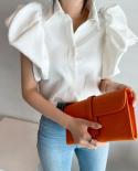 Elegant Pleated Turndown Collar Blouse Women Summer Bubble Sleeve White Shirt Tops  Female Fashion Clothing Blusas 14769